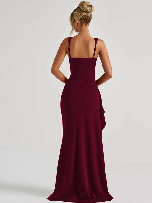 Hugcitar Women Elegant Solid Straps Slit Ruched Patchwork Sexy Bodycon Maxi Dress Summer Outfits Evening Party Birthday Festival